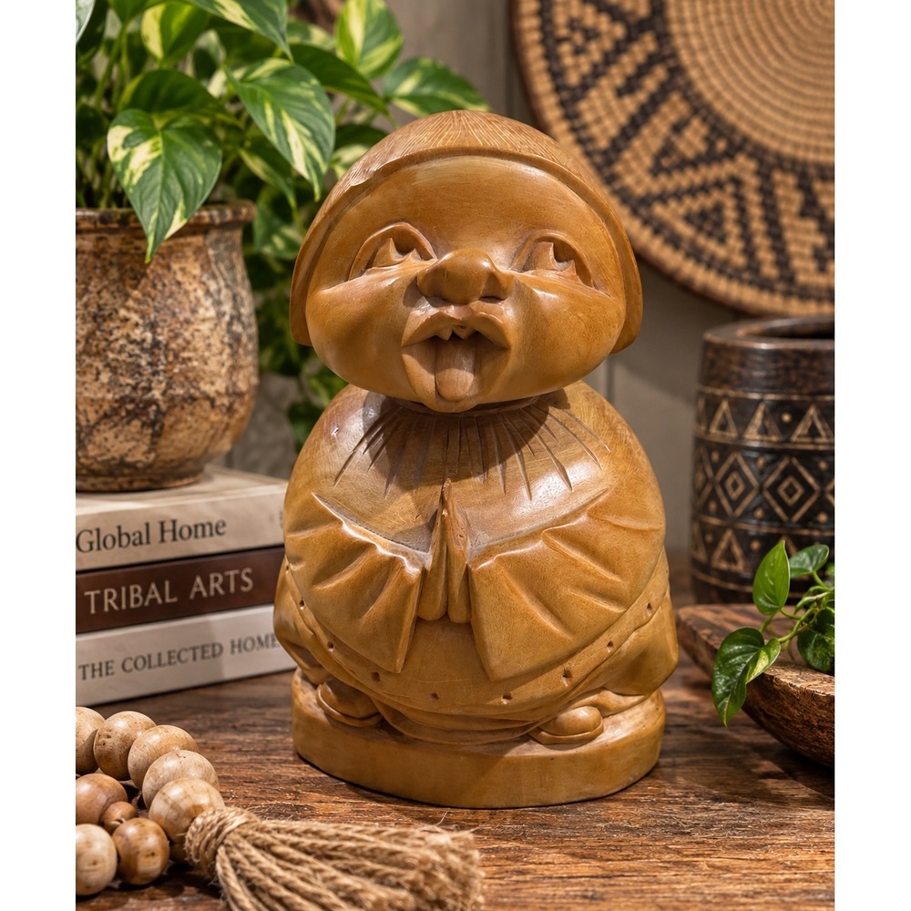 Vintage Hand Carved Wood Monk Statue Whimsical Praying Figure Tongue Out 8.5"